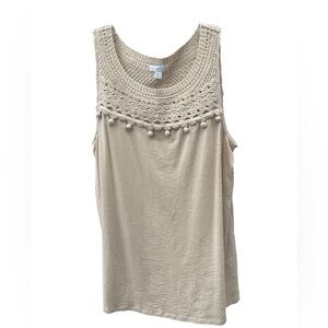 J. Jill tan Crochet Neckline  Cotton Bottom  Sleeveless Shirt